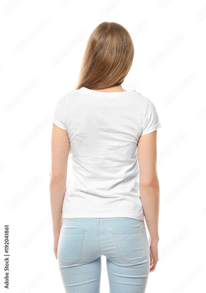 Young woman in stylish t-shirt on white background. Mockup for design