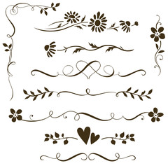 Canvas Print - Set of calligraphic floral elements with hearts for wedding invitation design. Vector decorative ornament with flower silhouette. Dividers and frame elements