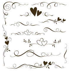 Aufkleber - Vector set of floral calligraphic elements, dividers and love ornaments for page decoration and frame design. Decorative heart silhouette for wedding cards and invitations. 