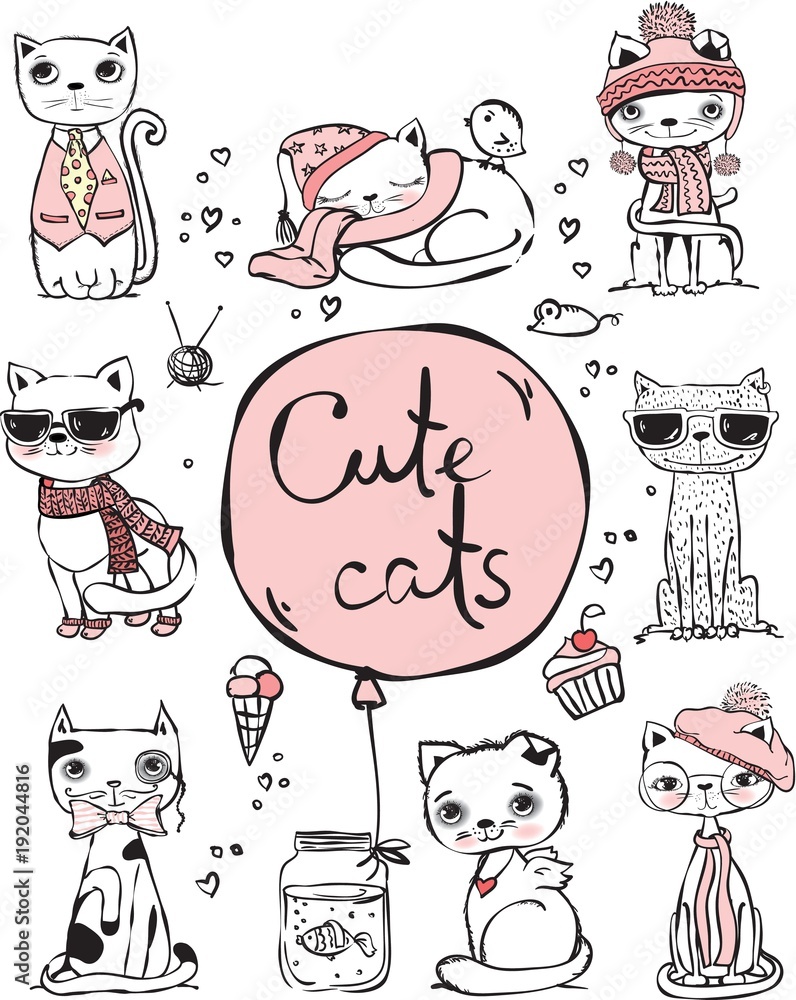 Vector illustration of cat set for greeting card design, t-shirt print ...