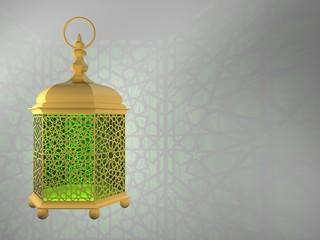 Wall Mural - Illuminated Arabic lantern with a traditional pattern. Shadow pattern on the wall. Greeting card for Ramadan Kareem. Eid Mubarak. 3D rendering.