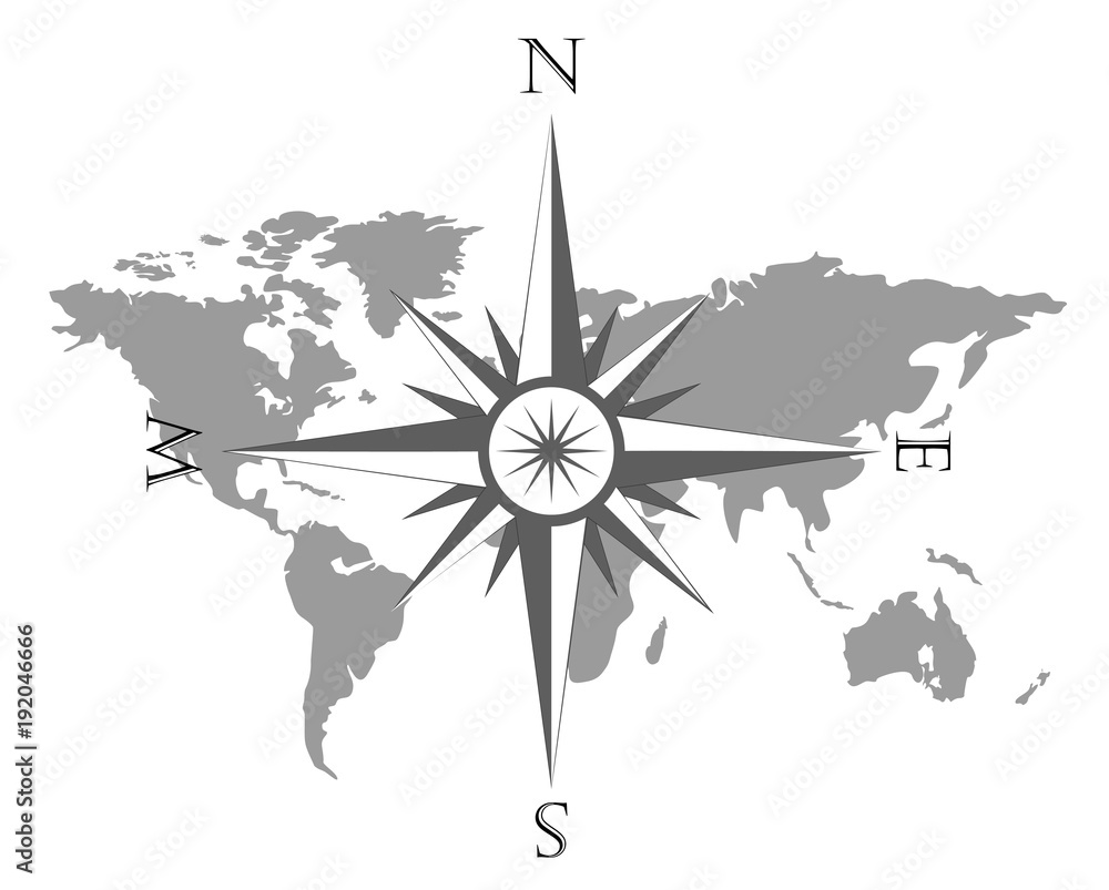 Vector illustration of world map with wind rose, navigation compass ...