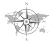 Vector illustration of world map with wind rose, navigation compass. 
