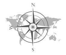 Vector Illustration Of World Map With Wind Rose, Navigation Compass. 