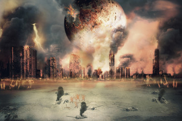 Burnt planet / Planet landscape and burnt city, judgement day. Digital retouch.