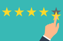 Star Rating. Five Flat Yellow Web Button Stars Ratings. Evaluation System. Positive Review. Vector Illustration Flat Design. Isolated On White Background. Quality Work.