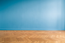 Blue Wall  In Empty Room With Parquet Floor