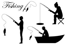 Vector Illustration Of A Silhouette Fisherman Icon, Man Cath Fish On Fishing Rod 