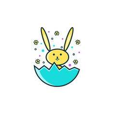 Easter bunny sitting inside the cracked egg - flat color line icon on isolated background. Holiday rabbit or hare vector sign, symbol, pictogram in thin linear design.