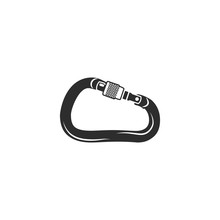 Climbing Carabiner Icon. Silhouette Style Symbol. Black Pictogram Of Climbing Equipment - Carabiner. Vintage Hand Drawn Illustration. Stock Vector Isolated On White