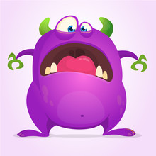 Scared Funny Cartoon Monster. Halloween Vector Illustration Of Purple Monster Character. Design For Print, Sticker Or Party Decoration