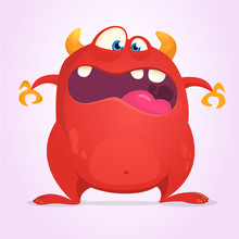 Scared Cartoon Horned Monster. Halloween Vector Illustration Of Red Monster Character. Design For Print, Sticker Or Party Decoration