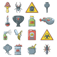 Poison Danger Toxic Icons Set, Cartoon Style