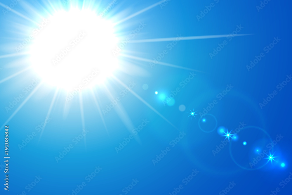 Vector illustration of blue sunny background with sun and lens flare ...