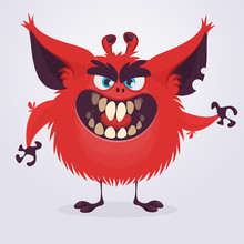 Scary Red Cartoon Monster Waving Hands. Halloween Vector Illustration