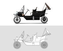 Vector Illustration Of Ford Model T 1910. Old Timer, Classic Car. 