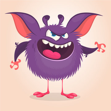 Cute cartoon monster. Vector  furry violet monster character with tiny legs and big ears. Halloween design
