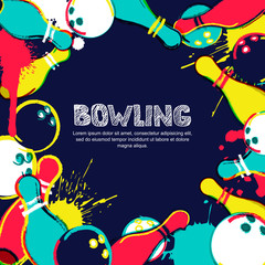 Wall Mural - Vector bowling frame background. Abstract watercolor illustration. Bowling ball, pins and sketched letters on colorful splash background. Design elements for banner, poster or flyer.