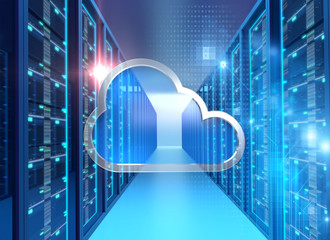 server room 3d illustration with cloud icon design element.