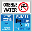 save water off sign (report all leaks immediately,conserve water, turn off the water,turn off the tap, stop water waste)
