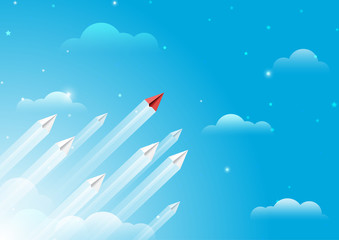 Wall Mural - paper airplanes flying from clouds on blue sky.paper art style of business leadership and teamwork c