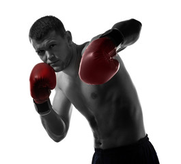 Canvas Print - Young man with boxing gloves on white background