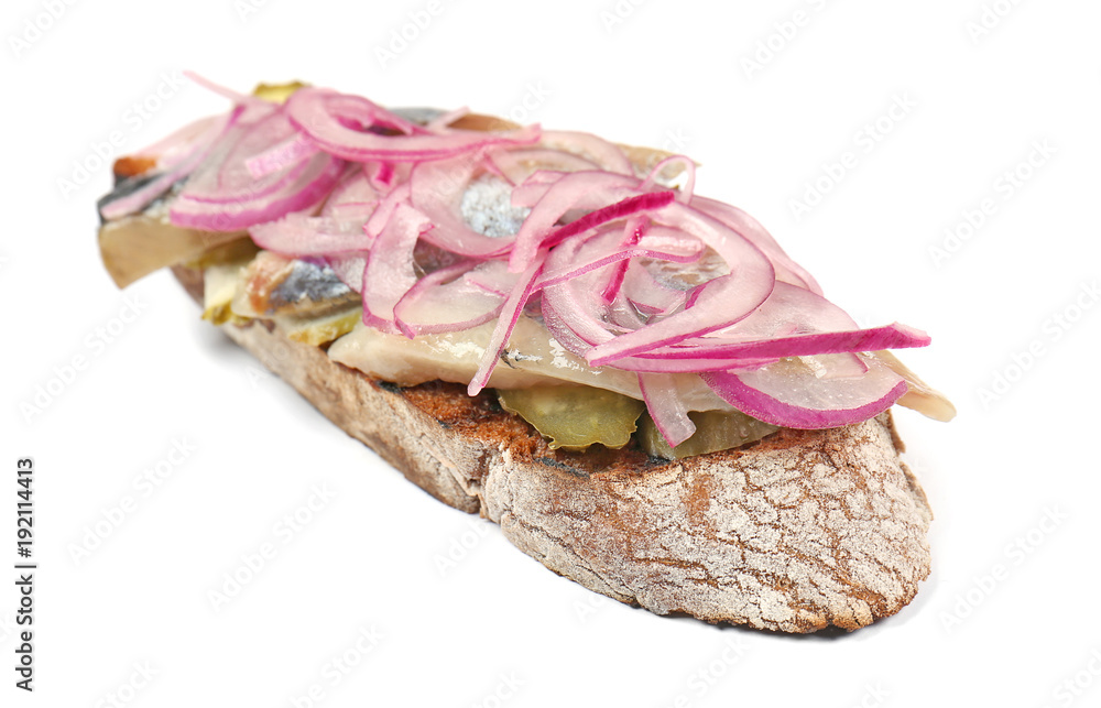 Tasty fresh bruschetta on white background