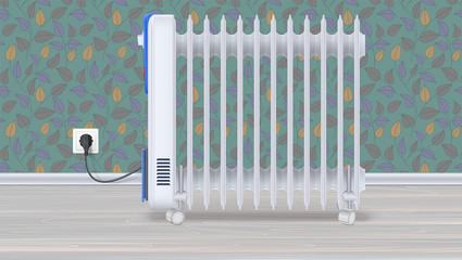 Wall Mural - Oil radiator in room with wallpaper. White, electric oil filled heater on light wooden floor. Domestic electric heater with plug and electric cord. Horizontal 3D illustration.