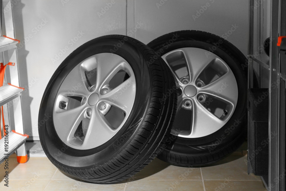 Car tires in automobile service center