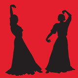 Fototapeta Sypialnia - Woman in long dress stay in dancing pose. flamenco dancer, spanish. black silhouette Isolated on red background. Vector