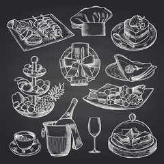 Poster - Vector hand drawn restaurant or room service elements on black chalkboard