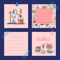 Wall Mural - Vector notes templates set with sketched science or chemistry elements and cute lettering