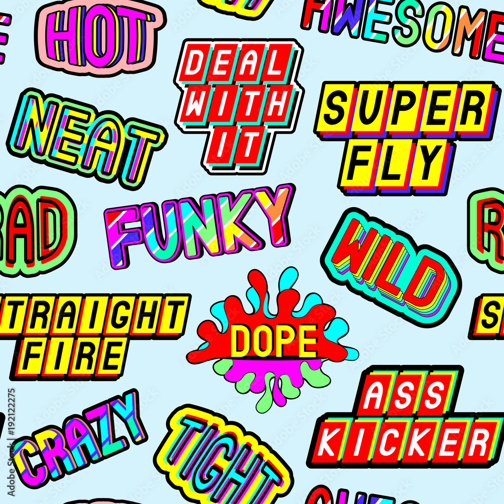 Seamless pattern with slang words and phrases: dope, straight fire 