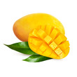 Yellow mango with leaves isolated on white background
