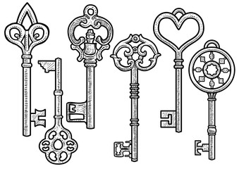 Key illustration, drawing, engraving, ink, line art, vector