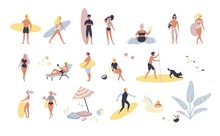 Collection Of People Performing Summer Outdoor Activities At Beach - Sunbathing, Walking, Carrying Surfboard, Swimming In Sea. Cartoon Characters Isolated On White Background. Vector Illustration.