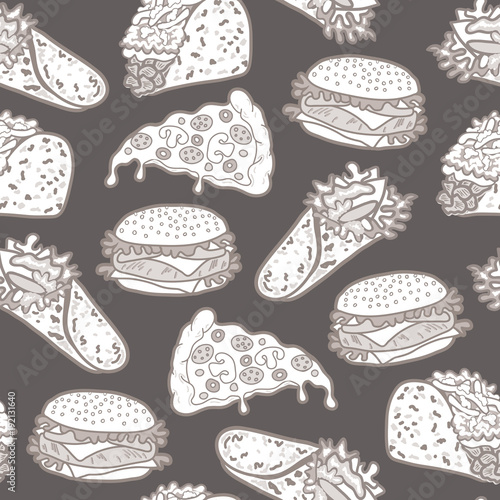 wektorowy-bezszwowy-wzor-z-fastem-food-cheeseburger-hamburger-opakunek-rolka-pizza-plasterek-taco-tlo-dla-menu-przepisow-i-paczek-ciemne-tlo