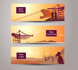 Wall Mural - horizontal banners with a nautical and cargo port with cranes and construction of the road