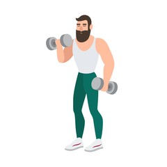 Poster - Bearded man in sports clothing doing physical exercise with pair of dumbbells. Male cartoon character performing weight or strength training workout isolated on white background. Vector illustration.