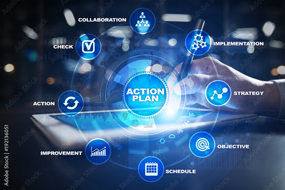 Action plan on the virtual screen. Planning concept. Business strategy ...