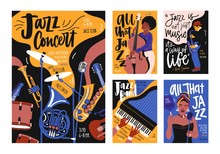 Collection Of Poster, Placard And Flyer Templates For Jazz Music Festival, Concert, Event With Musical Instruments, Musicians And Singers. Vector Illustration In Contemporary Hand Drawn Cartoon Style.
