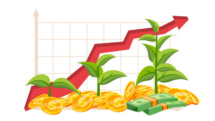 Canvas Print - Startup Growth Concept Vector. Tree Growing On A Golden Coins. Growth Graph. Success Aim Reaching. Green Plant. Investment Analytics. Financial Report. Isolated Flat Illustration