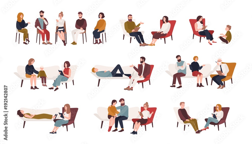 Collection of men and women or married couples sitting on chairs or lying on sofa and talking to psychotherapist or psychologist. Group or family psychotherapy. Flat cartoon vector illustration. - obrazy, fototapety, plakaty 