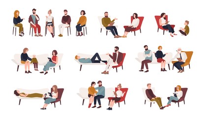collection of men and women or married couples sitting on chairs or lying on sofa and talking to psy