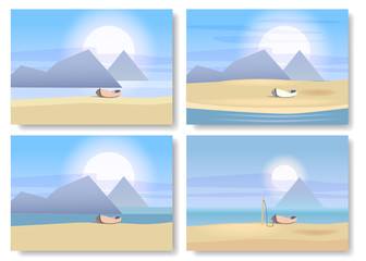 Wall Mural - Set minimalist landscapes, sea, boat, sun, isolated, vector, illustration