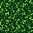 Seamless pattern with green branches of parsley or cilantro on dark green background	