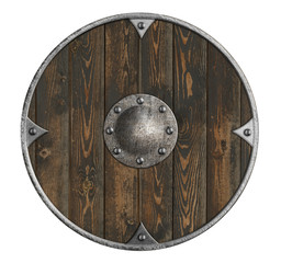 old wooden vikings' shield isolated 3d illustration