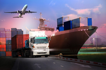 Transportation, import-export and logistics concept, container truck, ship in port and freight cargo plane in transport and import-export commercial logistic, shipping business industry