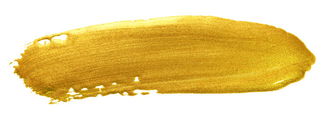 Gold color paint brush stroke. Acrylic golden smear stain on white background. Abstract detailed gold glittering textured wet paint stroke for Christmas holiday card design template