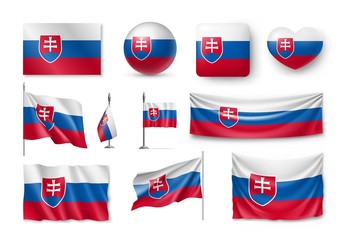 Set Slovakia flags, banners, banners, symbols, flat icon. Vector illustration of collection of national symbols on various objects and state signs